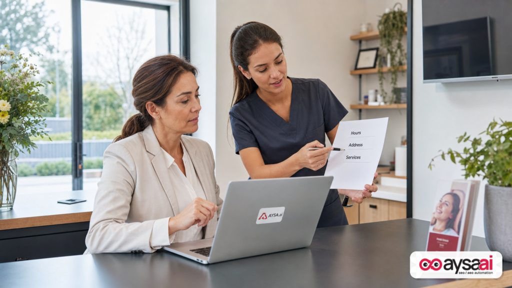 Clinic staff reviewing business hours and services information for consistency across online sources.