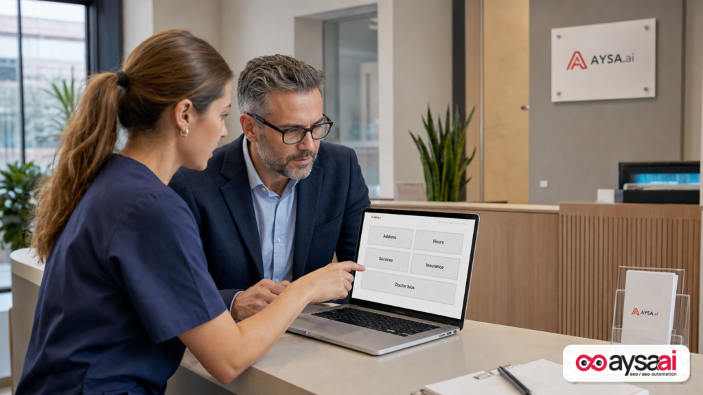 Clinic team reviewing a generic location page layout with clearly labeled business facts.