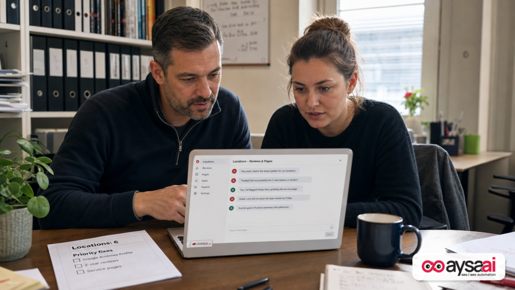 Clinic team reviewing location marketing tasks alongside a team chat thread.