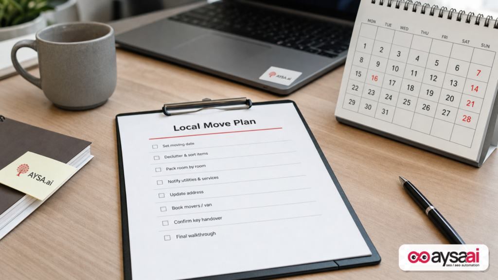 Clipboard checklist and calendar representing a phased local SEO move plan.