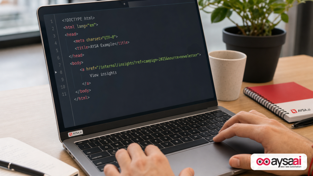 Close-up of HTML code on a laptop showing an internal-style URL parameter generated by a CMS.