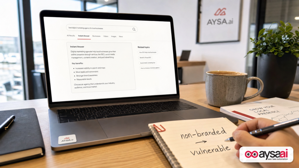 Close-up of a laptop and notes showing non-branded informational queries as vulnerable to instant answers.