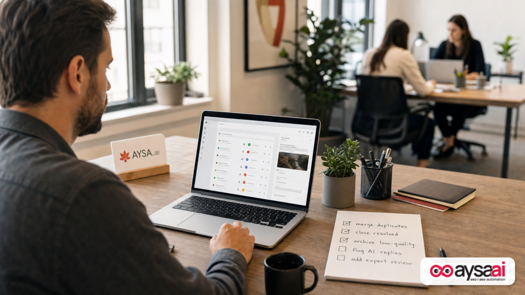 Community manager reviewing a moderation checklist for a forum