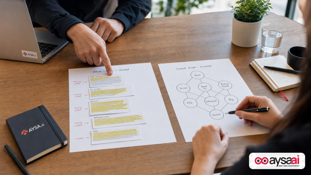 Comparison of scattered content chunks versus a connected knowledge map for AI retrieval.