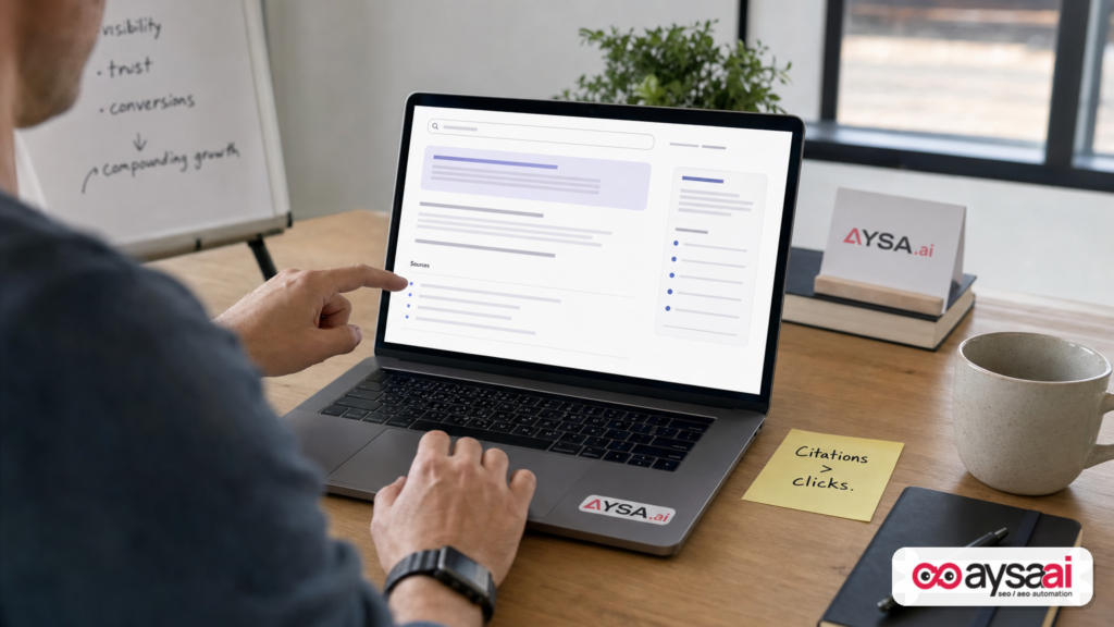 Conceptual AI search results scene emphasizing citations and sources over rankings.