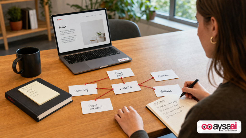 Connected brand assets on a desk representing an entity footprint used to outrank negative results.