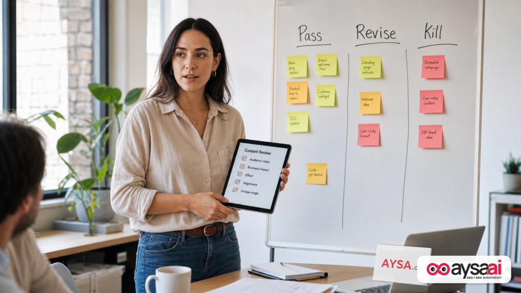 Content angle triage board with Pass Revise Kill columns