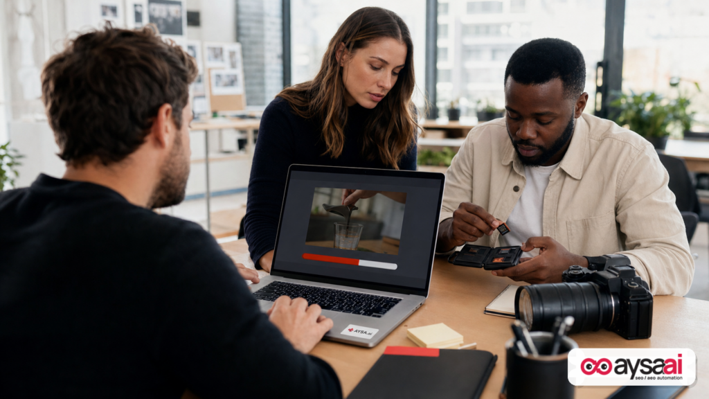 Creative team managing video files and export workflow at a studio desk.
