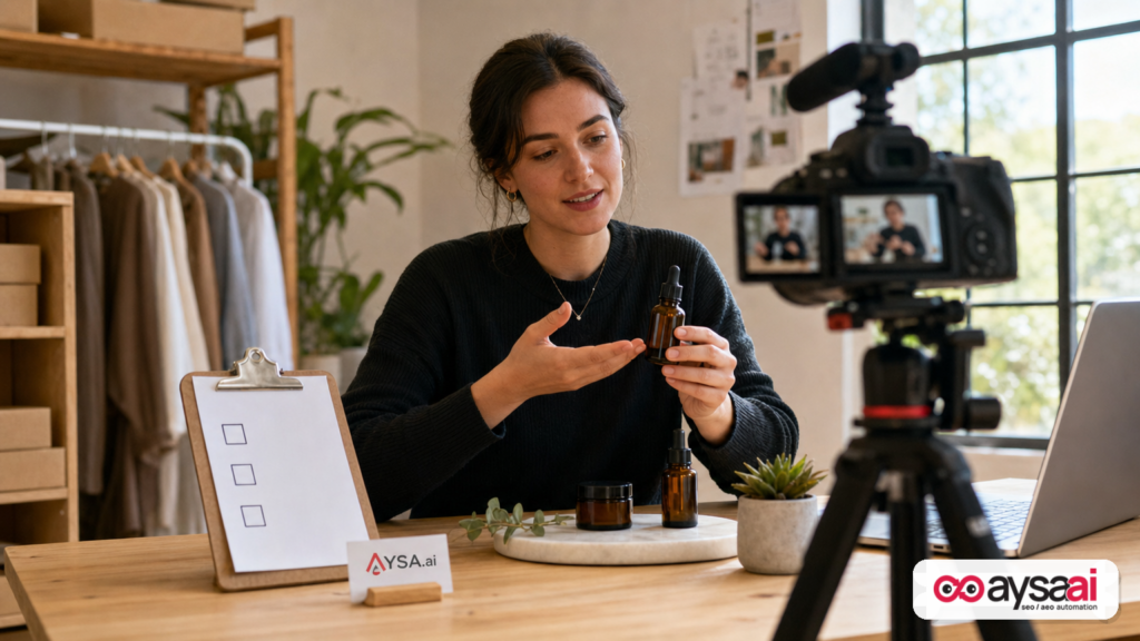 Creator filming a hands-on product demonstration with a hook-demo-payoff checklist.