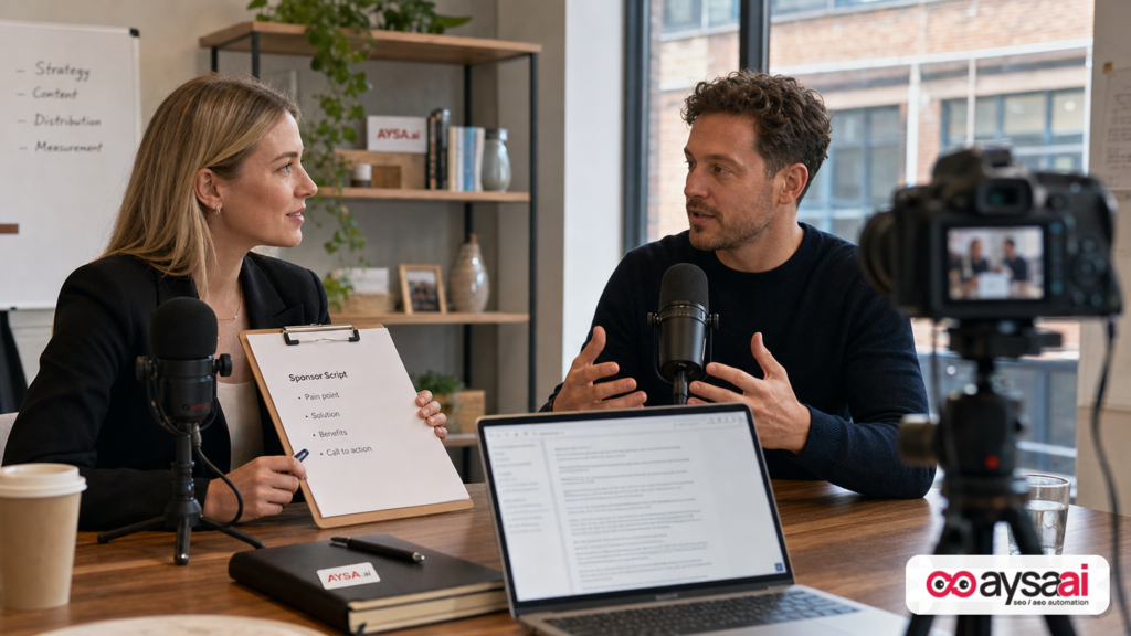 Creator recording session with sponsor script and transcript workflow in the background.