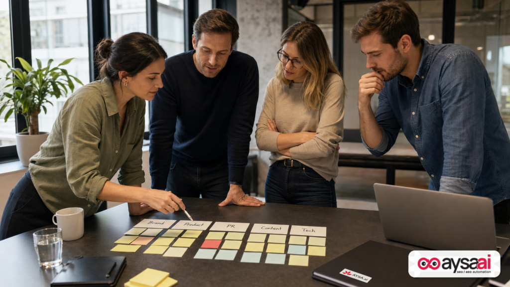 Cross-functional team aligning responsibilities for brand, product, PR, and SEO inputs that affect AI search outcomes.