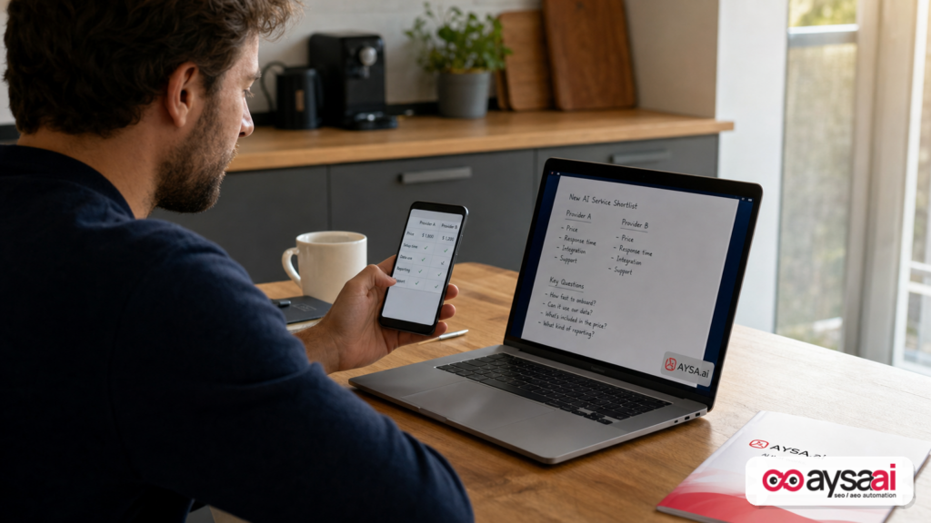 Customer researching and comparing providers across phone and laptop during a purchase decision.