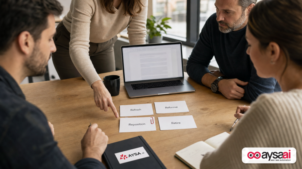 Decision cards show different remediation options for content decay beyond refreshing.