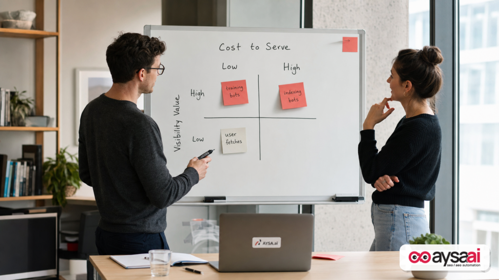 Decision matrix whiteboard comparing cost to serve versus visibility value for different AI crawler types.