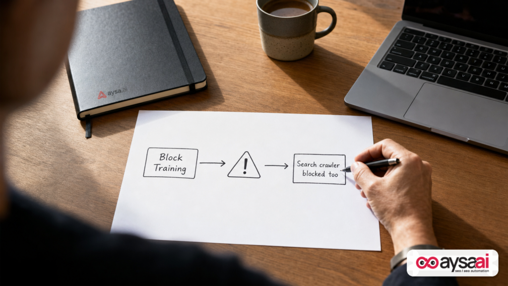 Desk diagram showing that blocking training can also block search crawling under strict rules.