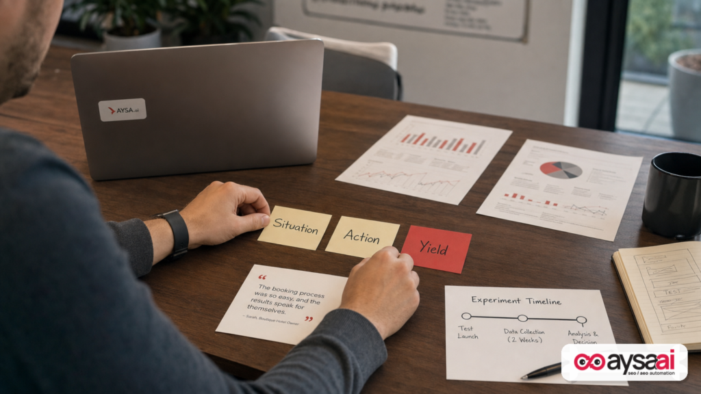 Desk layout showing Situation, Action, Yield notes beside printed charts and an experiment timeline.