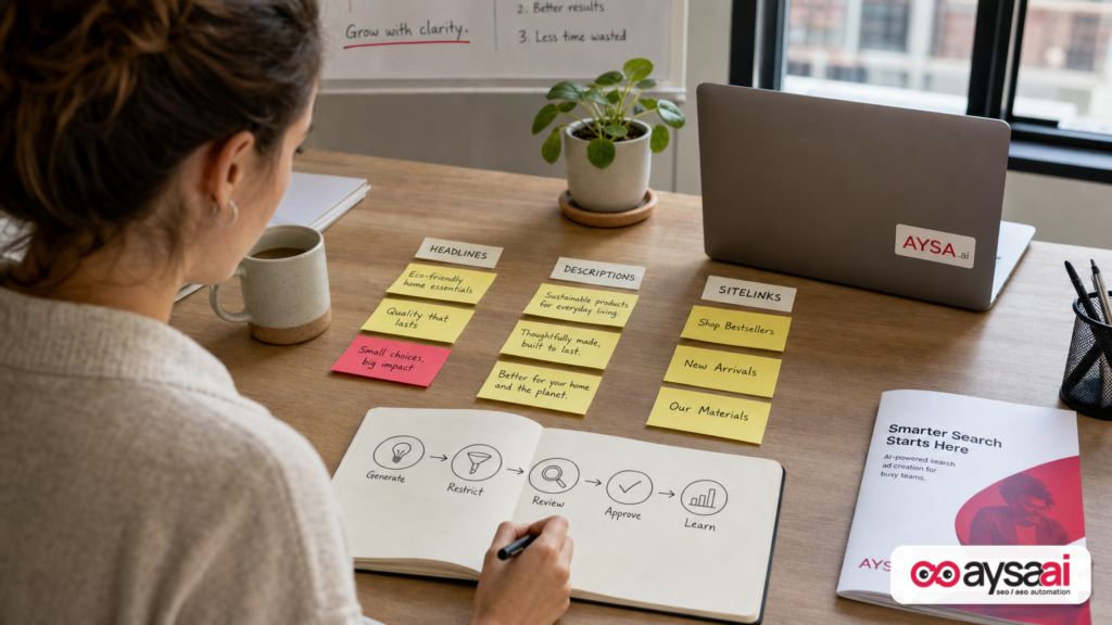 Desk layout showing modular ad assets and an approval workflow for AI-generated copy