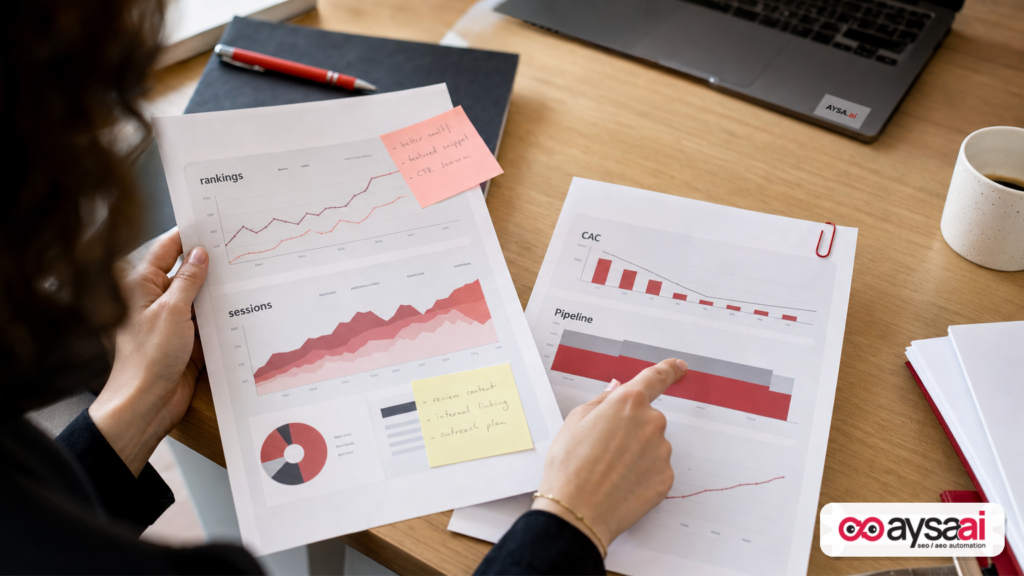 Desk scene comparing an SEO report with a financial model focused on CAC and pipeline.