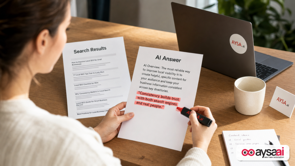 Desk scene illustrating a web page being quoted as a source in an AI answer versus traditional search results.
