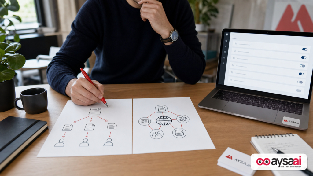 Desk scene illustrating the shift from routing pages to governing knowledge across markets in AI search.