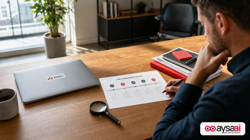 Desk scene representing the history of link manipulation lessons and modern AI visibility risk.