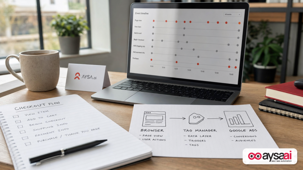 Desk scene showing a simple diagram of purchase tracking data flow and event validation notes.