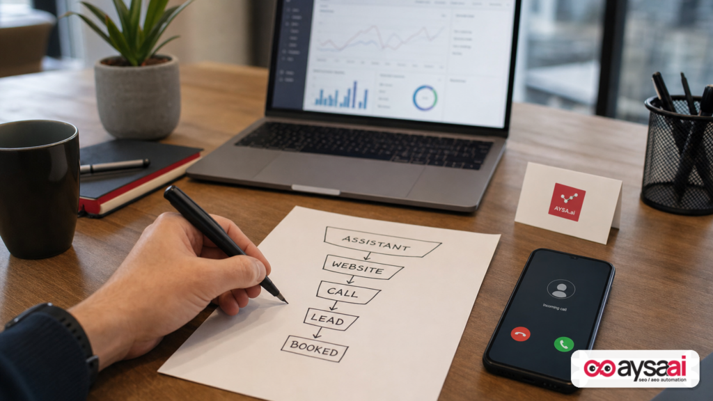 Desk scene showing a simple funnel from AI assistant to website visit to phone call and lead conversion.
