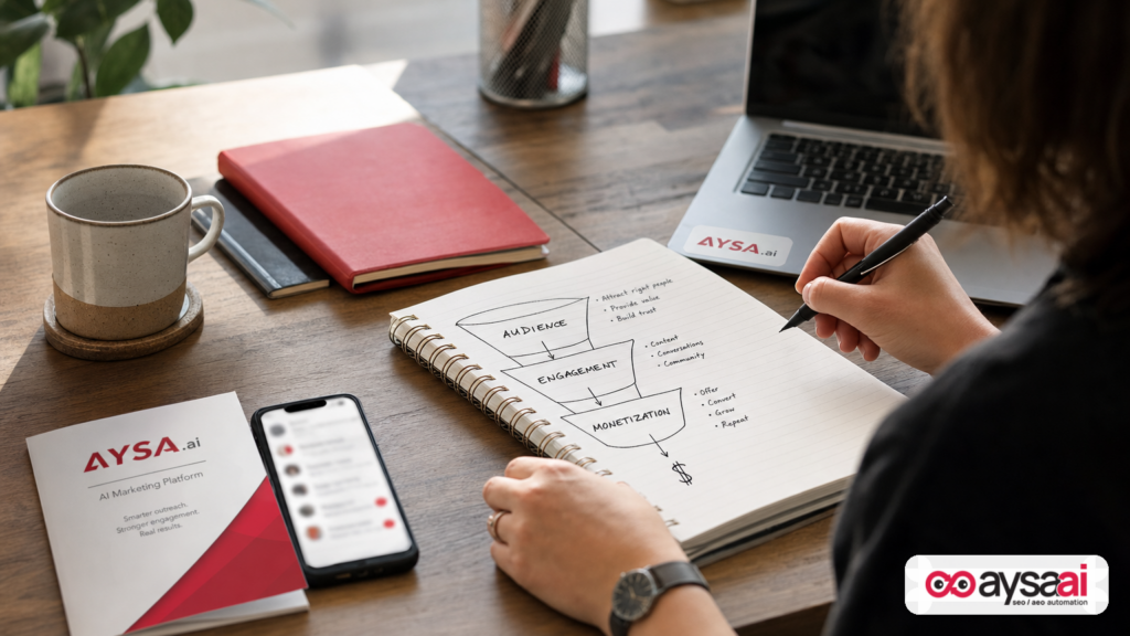 Desk scene showing a simple funnel sketch connecting engagement to monetization