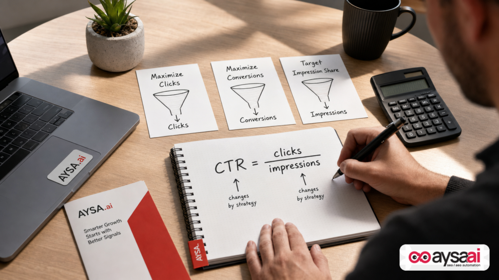 Desk scene showing how different Google Ads bid strategies influence CTR by changing who sees ads and how impressions accumulate.