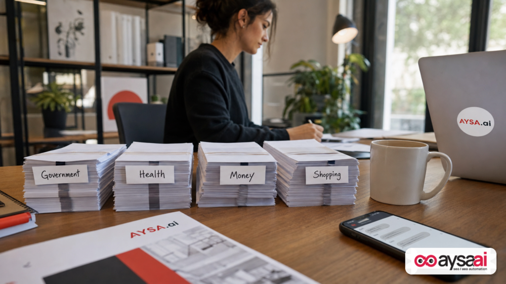 Desk scene showing paperwork categories like government, health, money, and shopping to represent high-friction questions people ask AI.