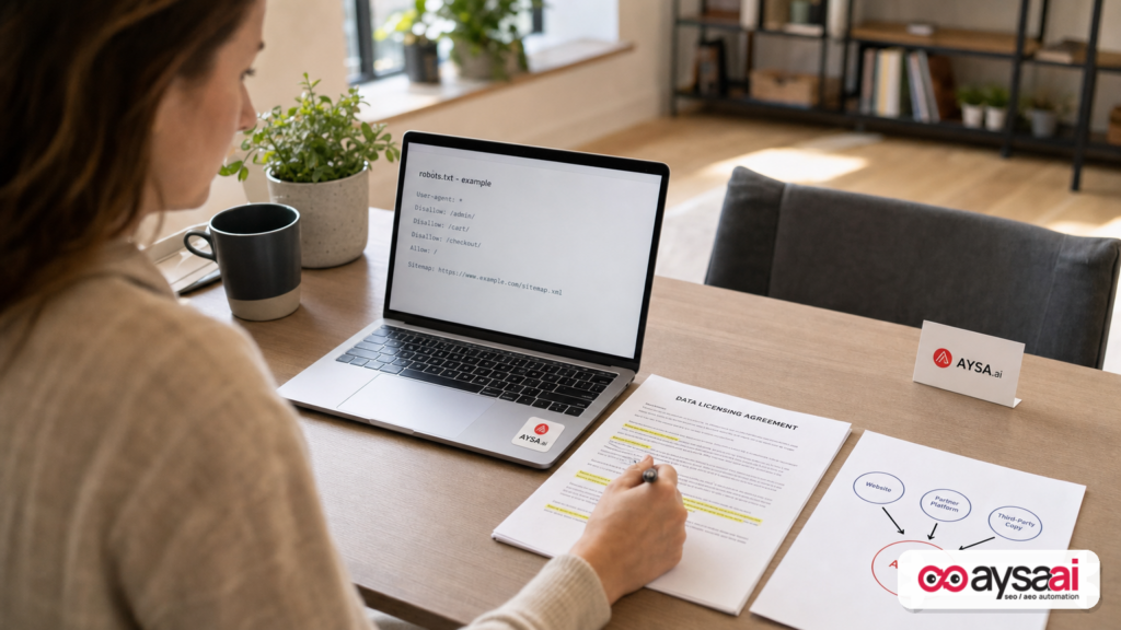 Desk scene showing robots.txt, a licensing contract, and a simple diagram illustrating multiple paths content can reach AI training beyond crawling.