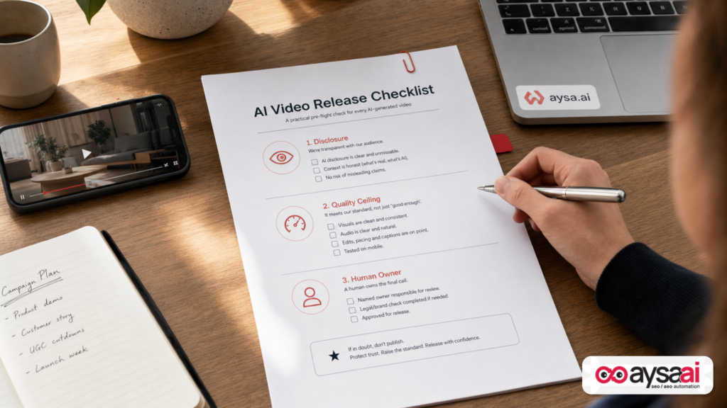 Desk scene with an AI video release checklist focusing on disclosure, limits, and human approval.