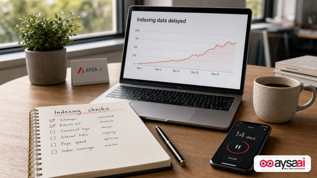 Desk setup showing a generic indexing delay chart and notes for alternate SEO checks.