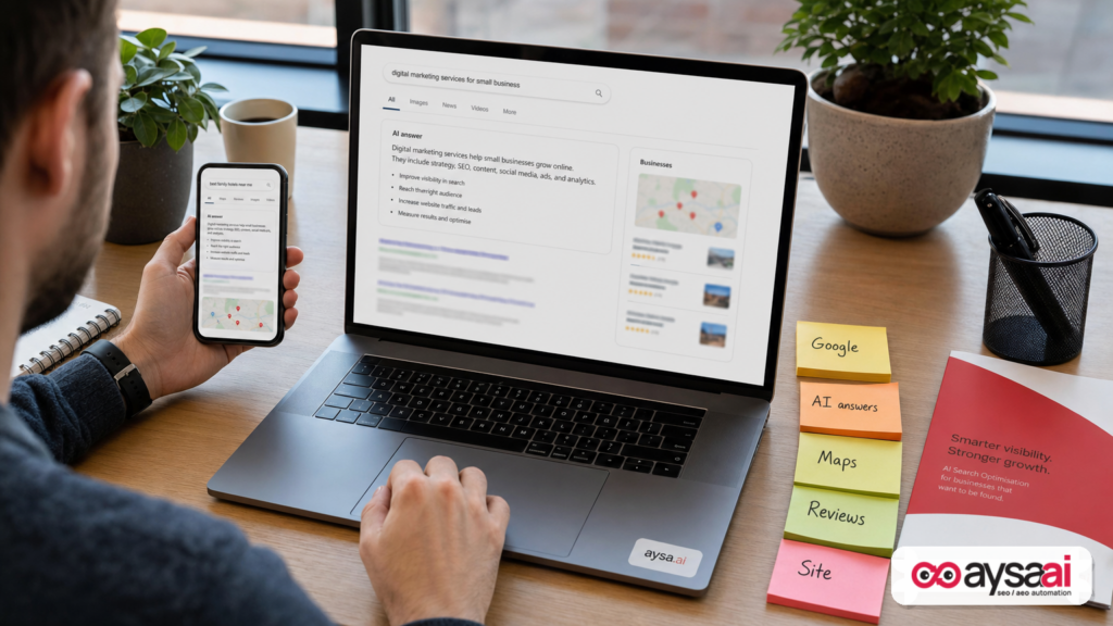 Desk setup showing a modern search journey across phone and laptop with notes for Google, AI answers, maps and reviews.