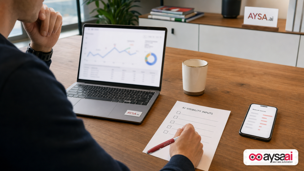 Desk setup showing a practical analytics and visibility checklist for AI search measurement.