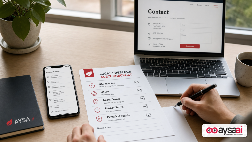 Desk setup with a checklist and devices used to audit business identity signals online.