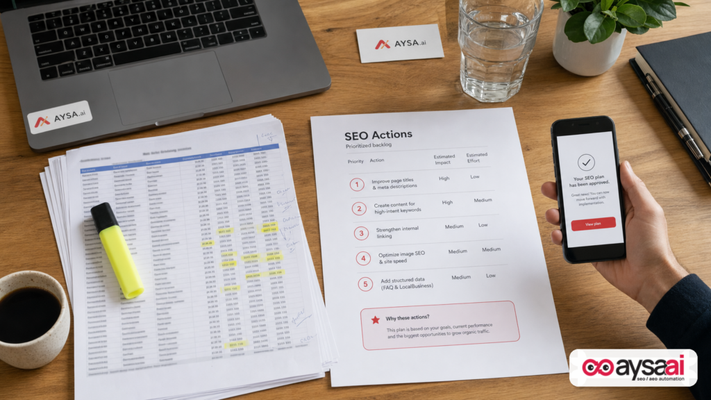 Desk with a messy analytics export and a clean prioritized SEO action plan ready for approval.