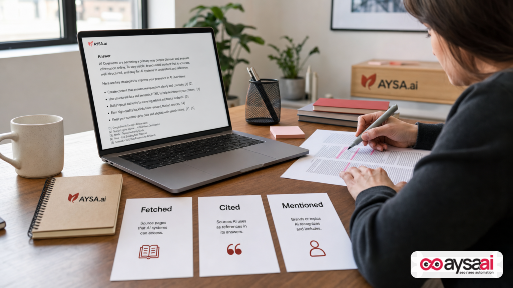 Desk with three cards labeled fetched, cited, and mentioned next to a laptop displaying an AI answer with citations.