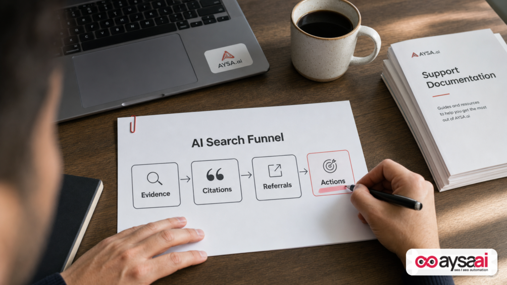 Desk worksheet showing the AI search funnel: evidence, citations, referrals, and actions.