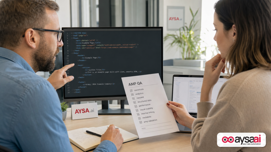 Developer and SEO reviewing a printed AMP QA checklist next to a code editor.