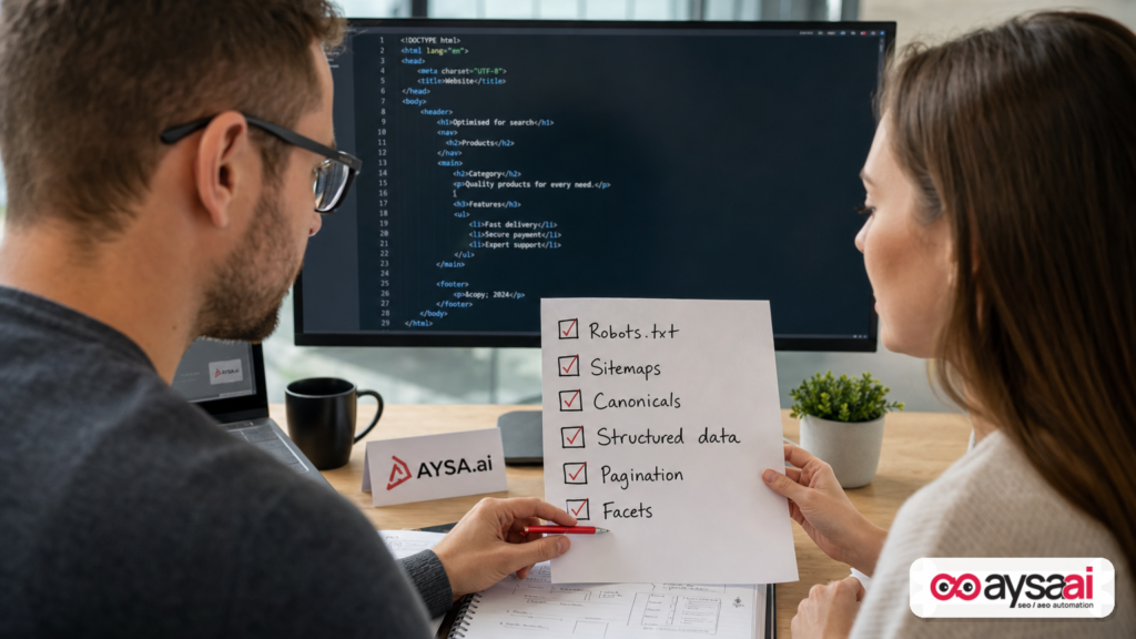 Developer and SEO specialist reviewing a technical SEO checklist for a website.
