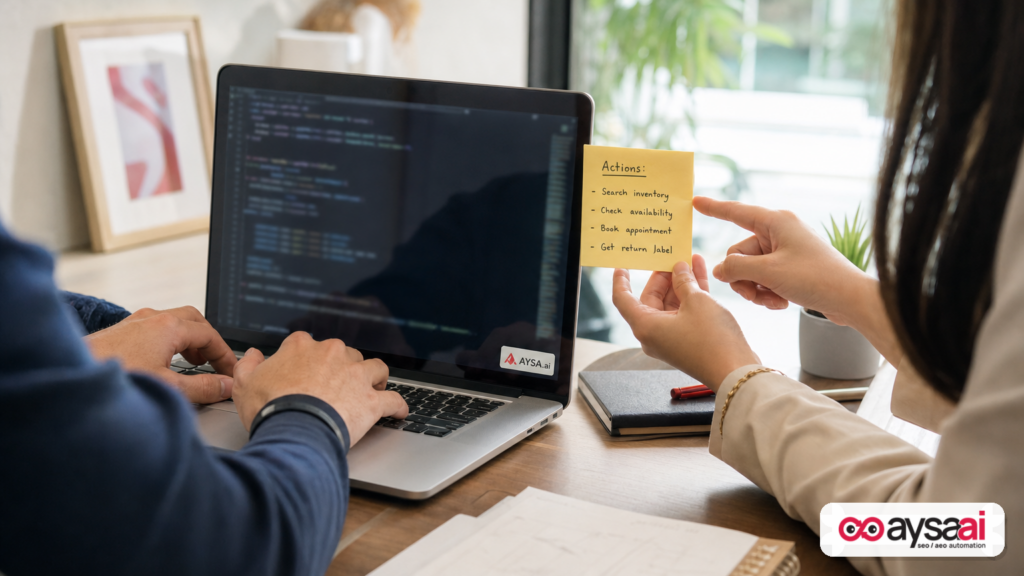 Developer and business owner aligning on website actions like booking and checking availability.