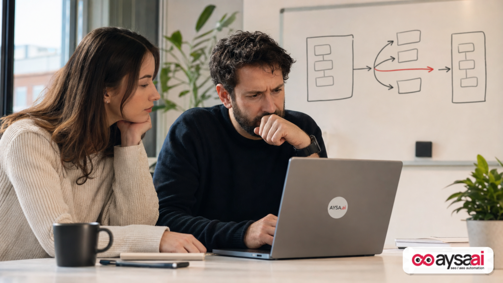 Developer and marketer discussing a server and client rendering mismatch on a whiteboard.