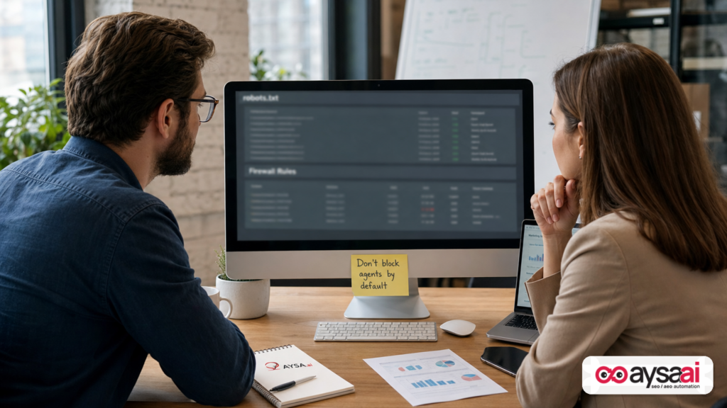 Developer and marketer reviewing access rules to avoid accidentally blocking AI agents.
