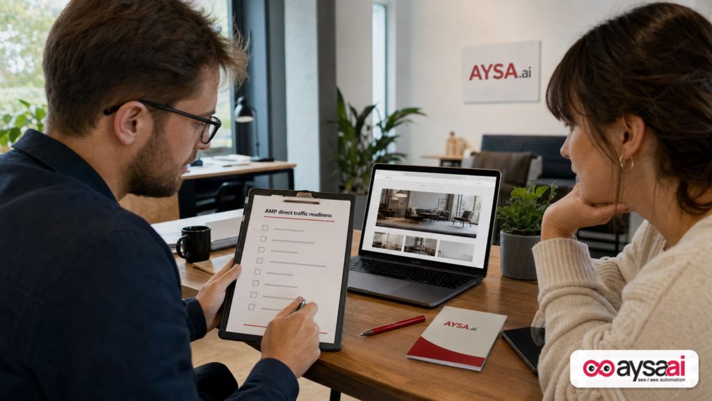 Developer and marketer reviewing an AMP readiness checklist before making website changes.