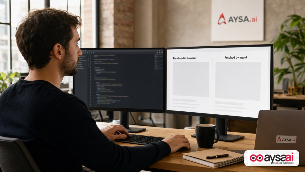 Developer comparing how a pricing table renders in a browser versus what an AI agent can fetch.