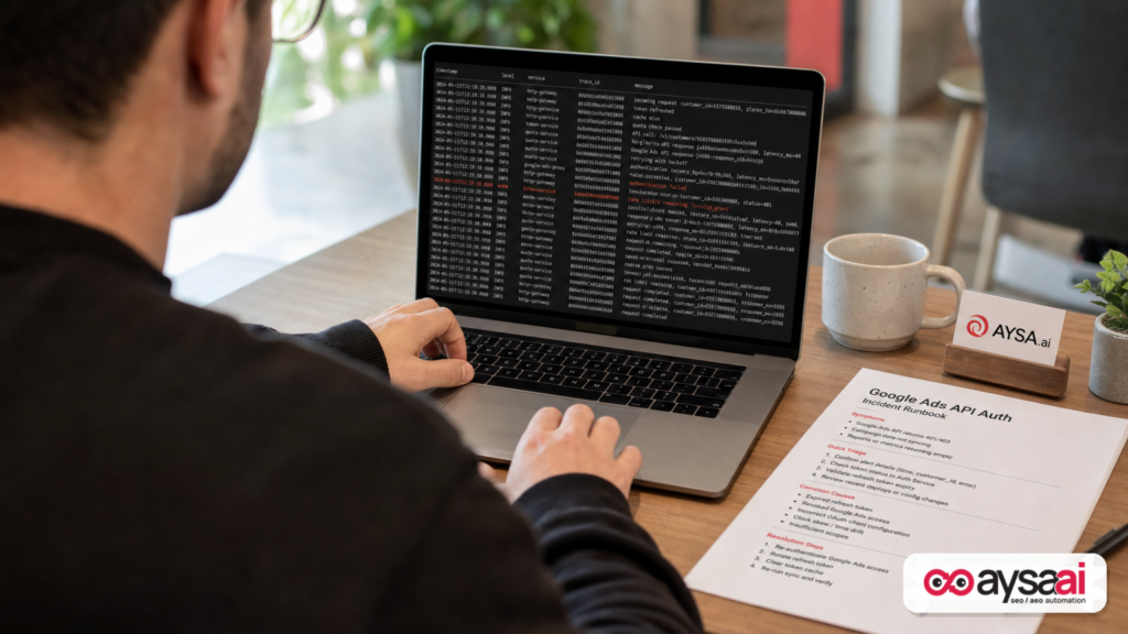 Developer reviewing API authentication logs and an incident runbook for ad platform integrations.