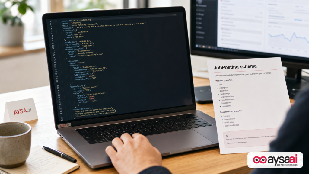 Developer reviewing JSON-LD structured data for a job posting on a laptop.