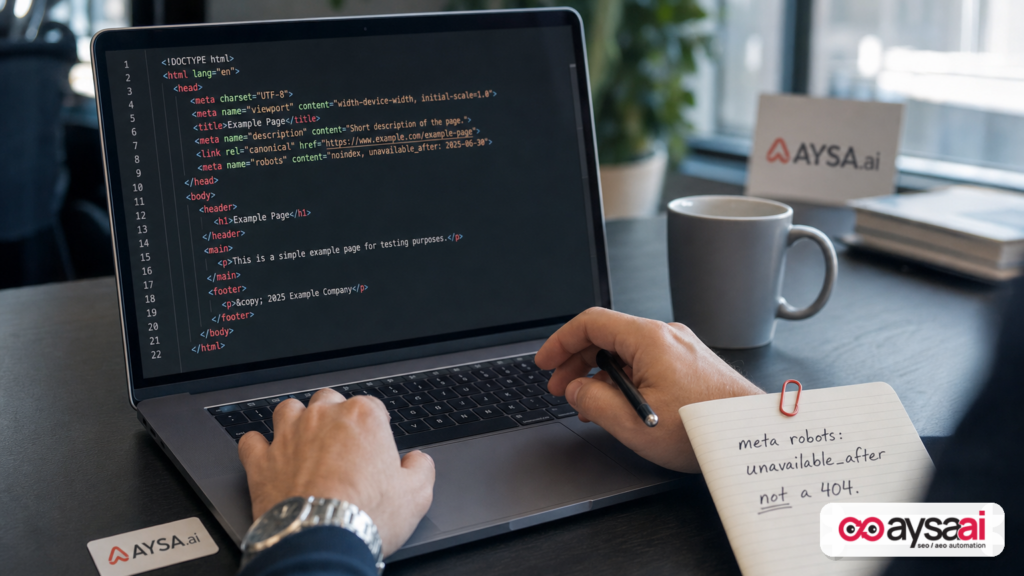 Developer reviewing a meta robots unavailable_after snippet on a laptop screen.