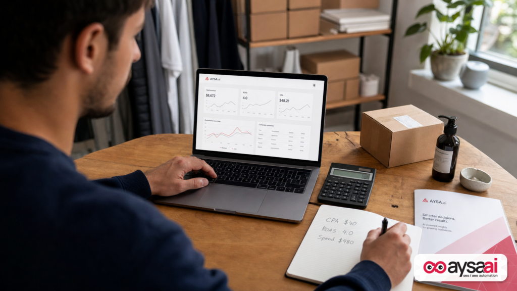 Ecommerce desk with notes comparing CPA and ROAS targets alongside packaging materials.